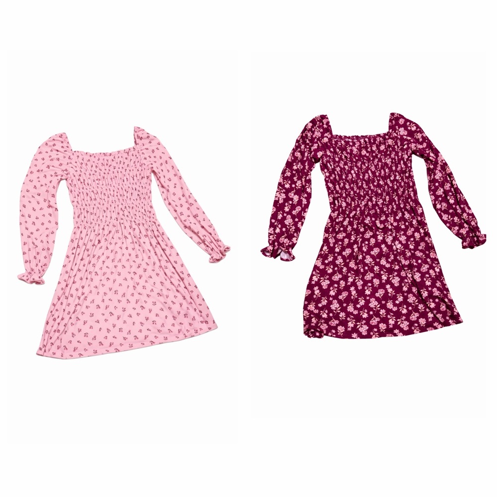 Girls' Long Sleeve Floral Smocked Dress - Pink & Burgundy